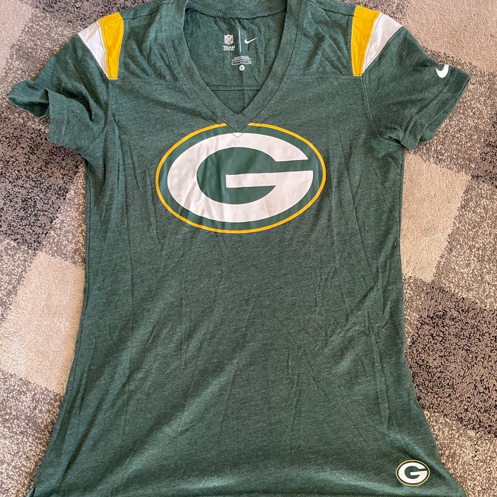 Nike Green Bay Packers V-Neck Tee - Green, Yellow, White Sz M